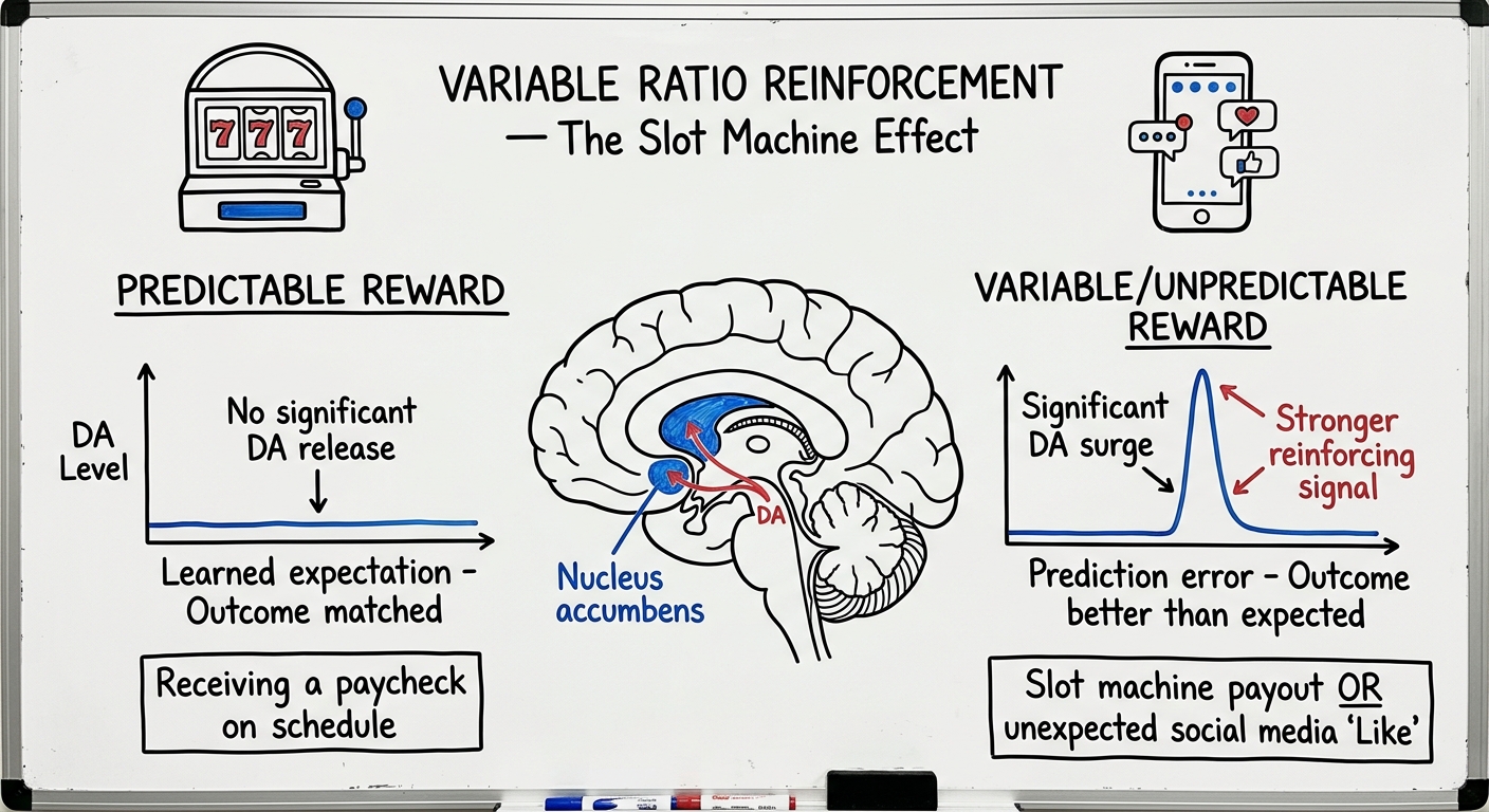 Whiteboard diagram showing variable ratio reinforcement: predictable rewards produce no significant dopamine release, while unpredictable rewards trigger a significant dopamine surge in the nucleus accumbens — the same mechanism used by slot machines and social media feeds