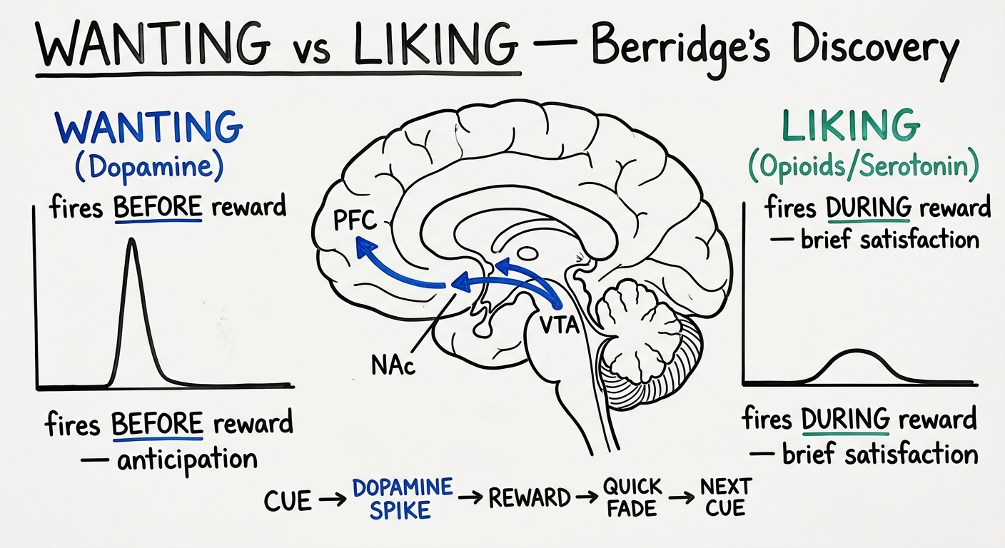 Whiteboard diagram showing the wanting versus liking distinction in the dopamine system: dopamine fires before the reward during anticipation (wanting), not during the reward itself (liking)