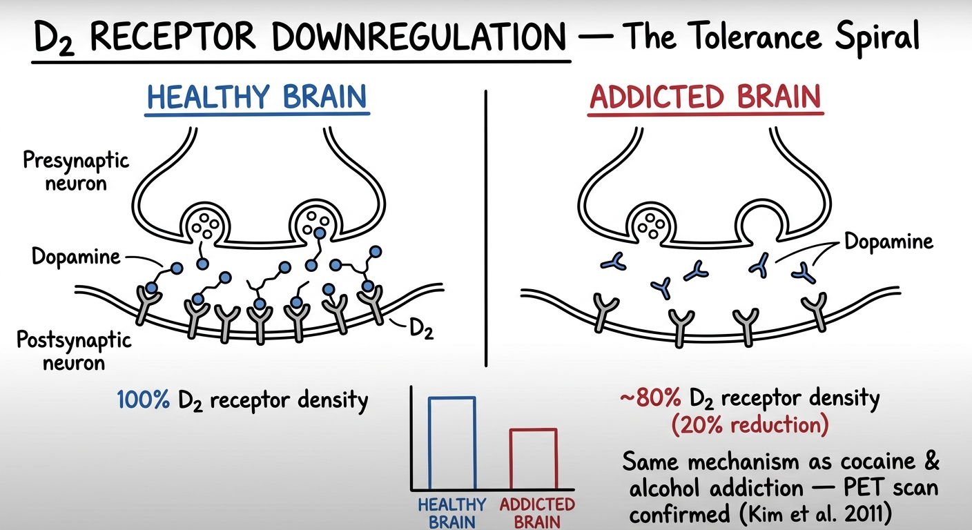 Whiteboard diagram showing D2 receptor downregulation: healthy brain synapse with many D2 receptors at 100% density versus addicted brain synapse with fewer receptors at approximately 80% density