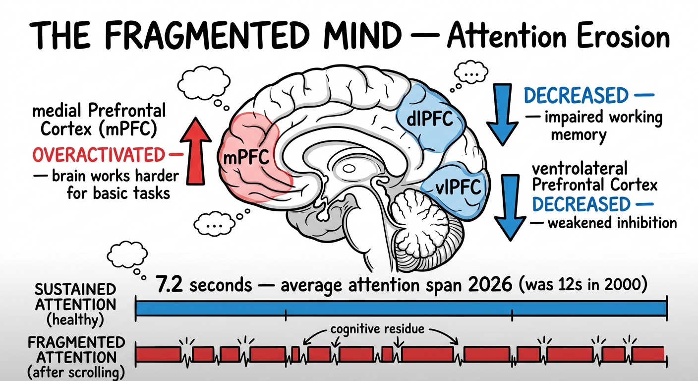 Whiteboard diagram showing how short-form content fragments attention: mPFC overactivated while dlPFC and vlPFC decrease, with comparison of sustained versus fragmented attention timelines