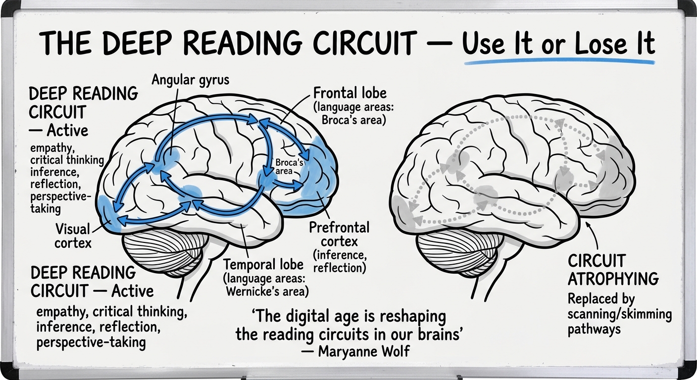 Whiteboard diagram showing the deep reading circuit connecting visual cortex, angular gyrus, Wernicke's area, Broca's area, and prefrontal cortex — active when reading deeply, atrophying when replaced by scanning and skimming