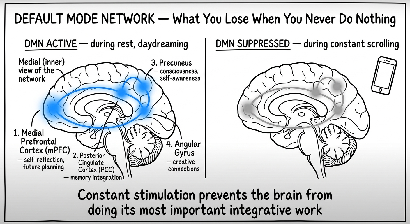 Whiteboard diagram showing the Default Mode Network with four key regions (mPFC, PCC, precuneus, angular gyrus) in two states: active during rest and self-reflection versus suppressed during constant scrolling