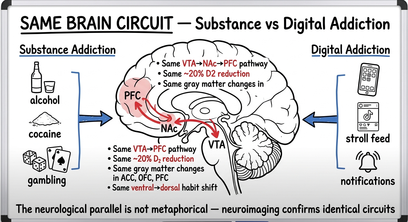 Whiteboard diagram comparing substance addiction and digital addiction: both activate the same VTA to nucleus accumbens to PFC reward circuit, with identical D2 receptor reduction and gray matter changes