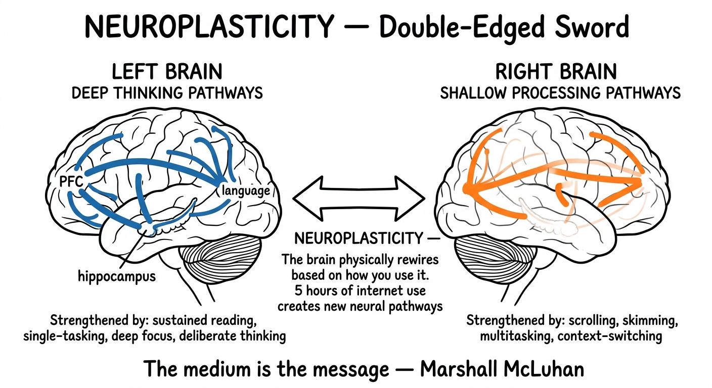 Whiteboard diagram showing neuroplasticity as a double-edged sword: deep thinking pathways strengthened by reading and focus versus shallow processing pathways strengthened by scrolling and multitasking